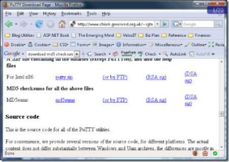 Putty Download Page. Shows links to MD5 Checksums