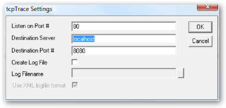 Image of TcpTrace window forwarding requests for port 80 to
8080.