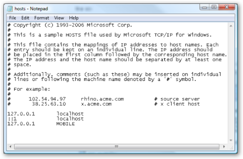 Image depicting a hosts file. The last entry shows the ip address
127.0.0.1 mapped to the host name
'Mobile'